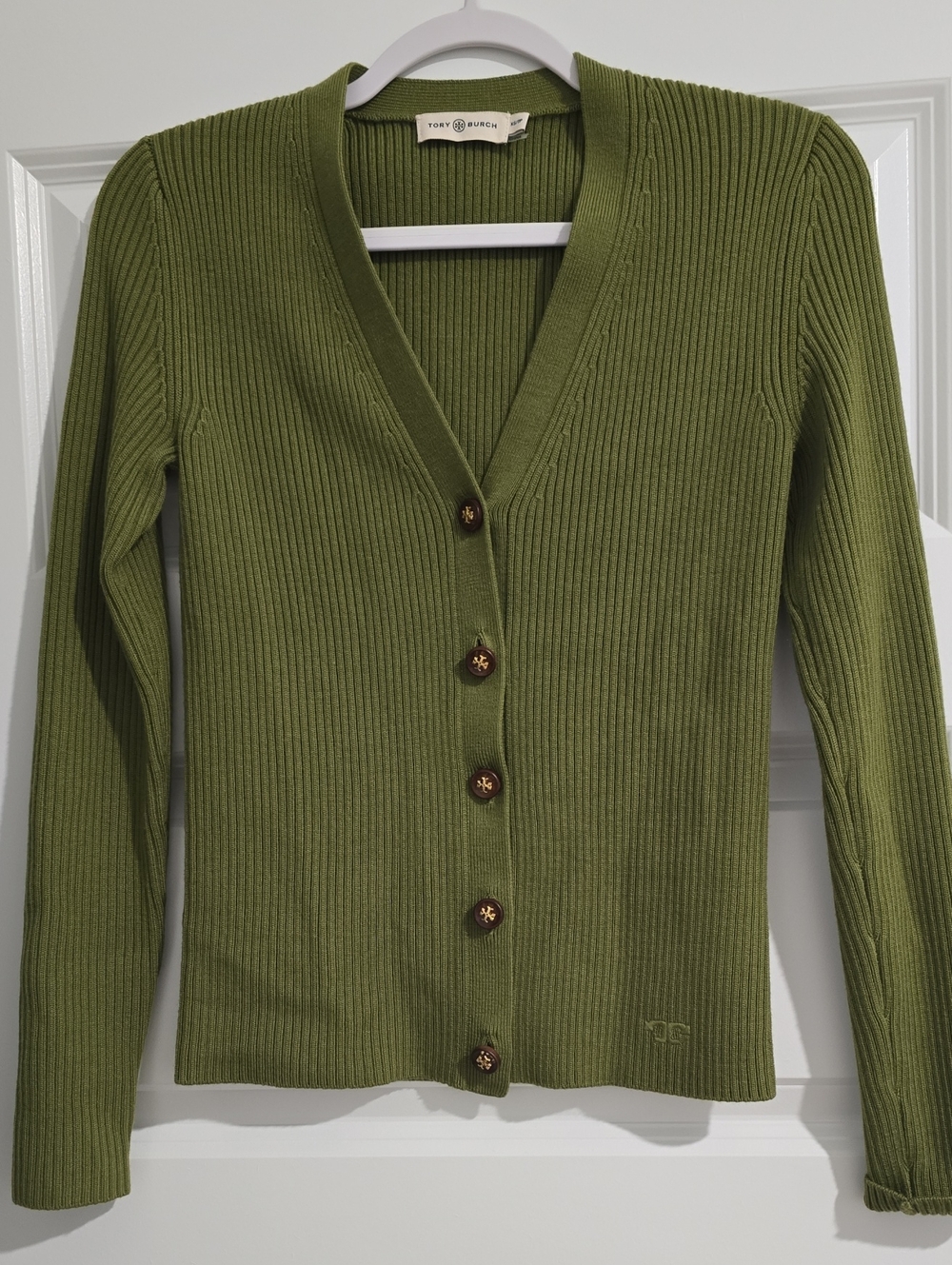 Tory Burch Olive Ribbed V‑Neck Button Front Cardigan